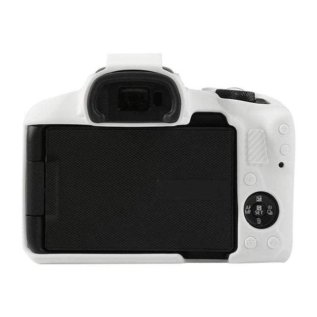 Soft Silicone Protective Case for Canon EOS R50 Camera shown on white camera back with accessible controls and flip screen protection