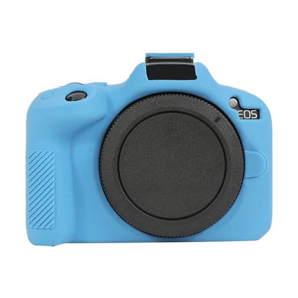 Soft Silicone Protective Case for Canon EOS R50 Camera shown in sky blue fitted on camera body