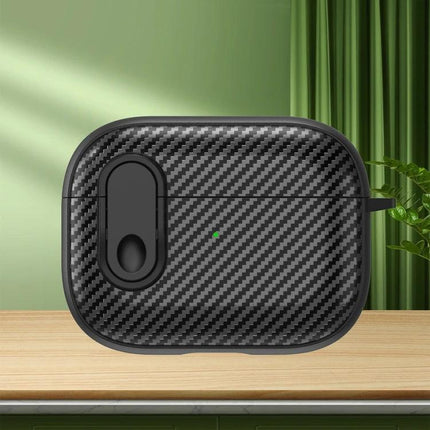 AirPods Case for Everyday Protection and Security in black carbon fiber TPU and PC, durable dust and scratch resistant with easy charging access