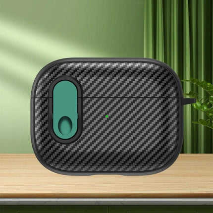 AirPods Case for Everyday Protection and Security - Carbon fiber TPU PC cover with teal charging port access, dust and scratch resistant