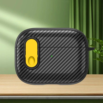 AirPods Case for Everyday Protection and Security in black carbon fiber texture with yellow charging port cover