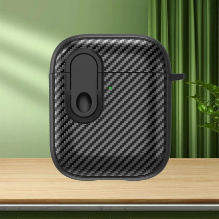 Protective AirPods Case for Daily Travel and Routine Use - carbon fiber textured protective case with carabiner loop for commuting and workouts
