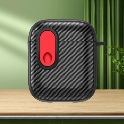 Protective AirPods Case for Daily Travel and Routine Use - carbon fiber textured case with red secure slider, clip-on design for commuting and workouts