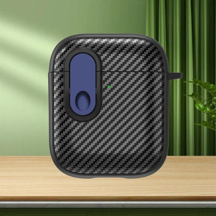 Protective AirPods Case for Daily Travel and Routine Use - carbon fiber textured protective case with charging access and bag-clip for commuting and workouts