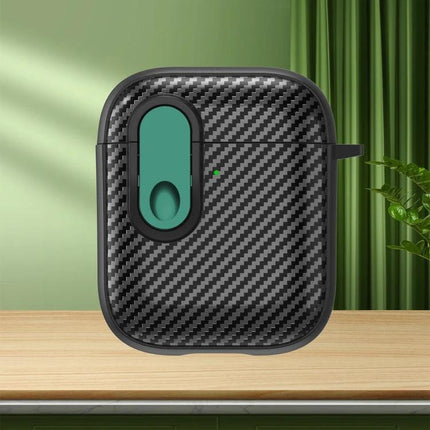 Protective AirPods Case for Daily Travel and Routine Use - carbon fiber textured case with green charging port cover, clip-on for commuting and workouts
