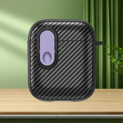 Protective AirPods Case for Daily Travel and Routine Use - carbon fiber textured black case with purple hook attachment for commuting and workouts