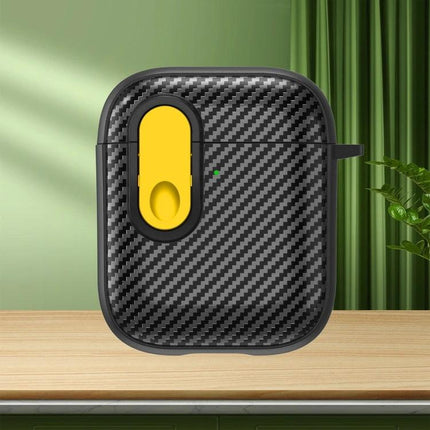 Protective AirPods Case for Daily Travel and Routine Use - carbon fiber textured case with yellow charging port cover and clip for bag