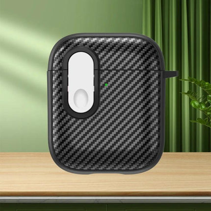 Protective AirPods Case for Daily Travel and Routine Use - carbon fiber textured black case attached to bag loop, dust and scratch protection, easy charging