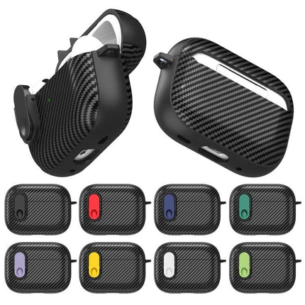 Protective AirPods Case for Daily Travel and Routine Use — carbon fiber textured protective case with carabiner and color button options