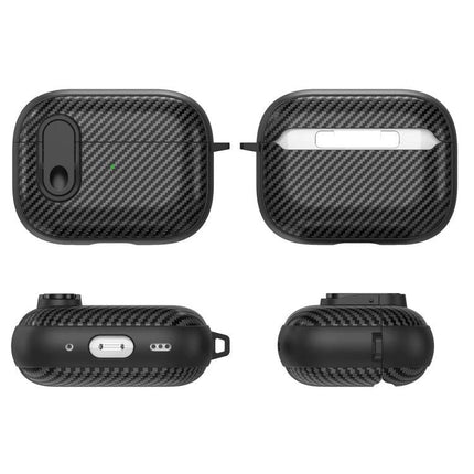 Protective AirPods Case for Daily Travel and Routine Use - carbon fiber textured protective case with clip, dust and scratch protection (black)
