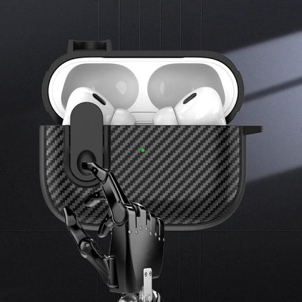 Protective AirPods Case for Daily Travel and Routine Use shown open with AirPods inside, carbon-fiber texture and bag clip for commuting and workouts