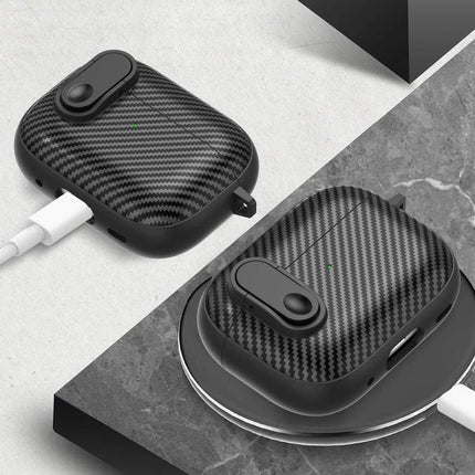 Protective AirPods Case for Daily Travel and Routine Use — carbon fiber textured case with charging cable and wireless charging on marble surface