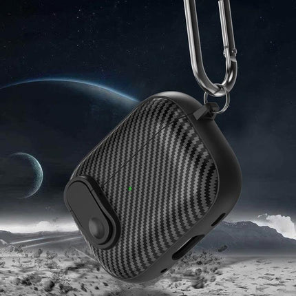 Protective AirPods Case for Daily Travel and Routine Use - carbon fiber textured case with carabiner clip for commuting and workouts