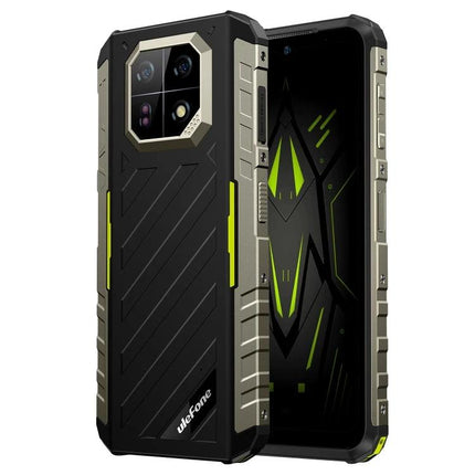 Ulefone Rugged Phone for Everyday Outdoor Adventures showing durable black and green rugged design with reinforced corners and rear quad camera