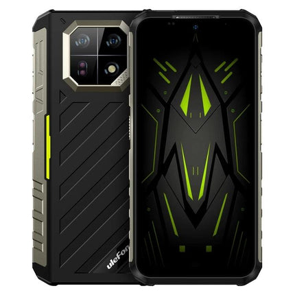 Ulefone Rugged Phone for Everyday Outdoor Adventures showing black rugged handset front and back with green accents, durable water- and dust-resistant design