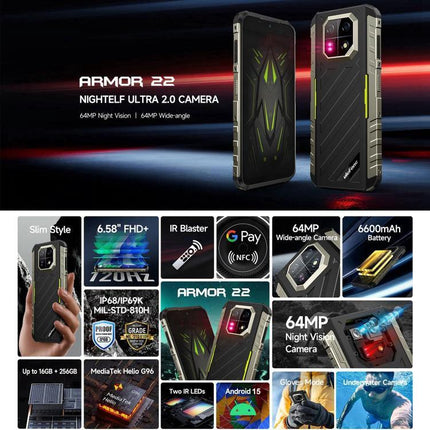 Ulefone Rugged Phone for Everyday Outdoor Adventures rugged Armor 22 display showing 64MP camera, 6600mAh battery, IP68/IP69K durability