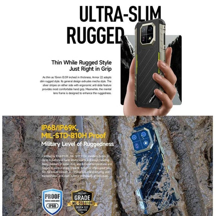 Ulefone Rugged Phone for Everyday Outdoor Adventures shown being held with water and mud resistance features
