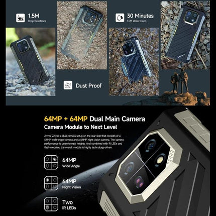 Ulefone Rugged Phone for Everyday Outdoor Adventures shown dirty wet and dropped demonstrating dust proof, water resistance, and dual 64MP cameras