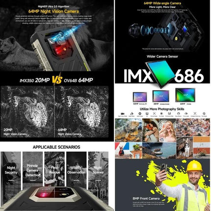 Ulefone Rugged Phone for Everyday Outdoor Adventures showing 64MP night vision camera, IMX686 sensor and outdoor use scenarios