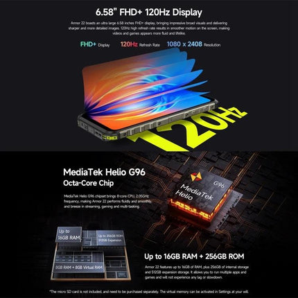 Ulefone Rugged Phone for Everyday Outdoor Adventures showing 6.58" FHD+ 120Hz display and MediaTek Helio G96 with up to 16GB RAM + 256GB ROM