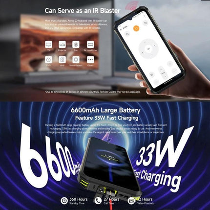Ulefone Rugged Phone for Everyday Outdoor Adventures showing IR blaster remote app and 6600mAh battery with 33W fast charging