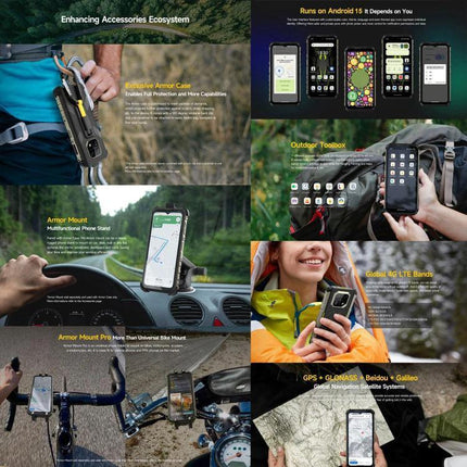 Ulefone Rugged Phone for Everyday Outdoor Adventures shown mounted, carried, and in-use on hikes, bikes, and work sites