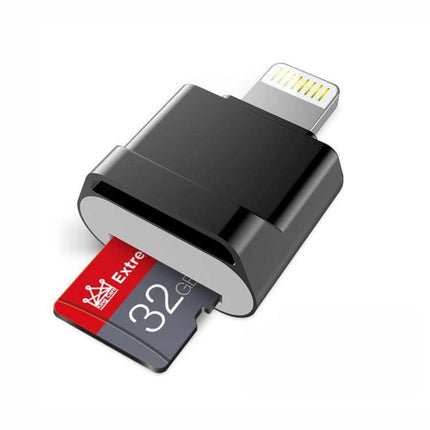 MicroDrive 8-Pin TF Card Adapter for iPhone and iPad - black adapter reading 32GB TF card, CLASS10 storage expansion for photos and media