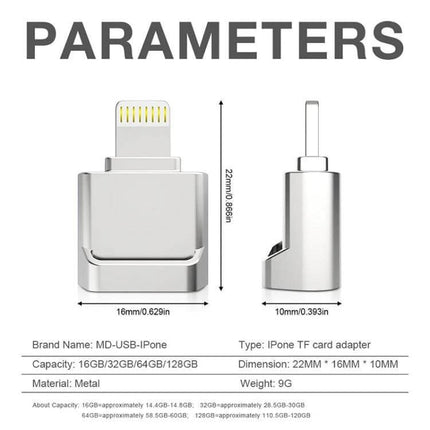 MicroDrive 8-Pin TF Card Adapter for iPhone and iPad metal compact adapter showing dimensions and TF card slot