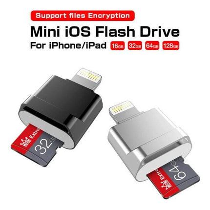 MicroDrive 8-Pin TF Card Adapter for iPhone and iPad - compact Mini iOS flash drive with TF card slot for photo transfer and extended storage (black & silver)