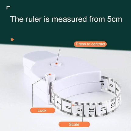 Automatic Precision Waist Measurement Ruler With One Click Reset showing white tape, lock button, scale and press-to-contract reset mechanism