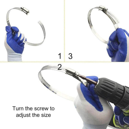Stainless Steel Hose Clamps 91-114mm For Fuel Lines - stainless steel 3042 hoop clamp shown being adjusted with drill and hand in glove