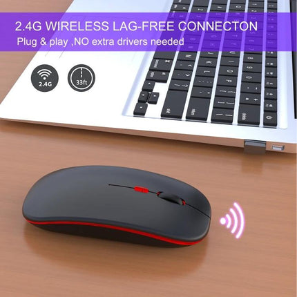 HXSJ Quiet Wireless Mouse for Everyday Office Tasks with Adjustable Settings on desk near laptop showing 2.4G wireless connection