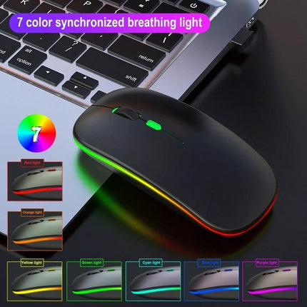 HXSJ Quiet Wireless Mouse for Everyday Office Tasks with Adjustable Settings — sleek black mouse with 7-color breathing LED, 2.4G wireless next to laptop