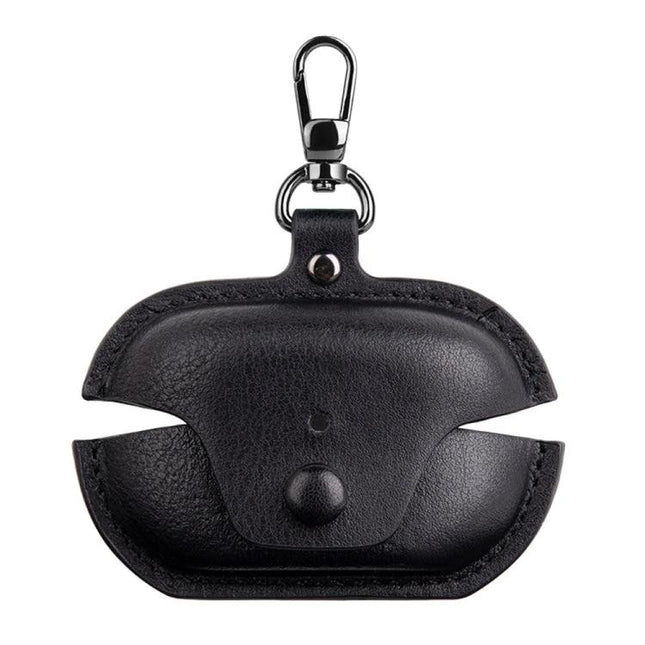 Stylish Leather Case Protects Earphones During Daily Outings - black PU leather earphone protective case with clip