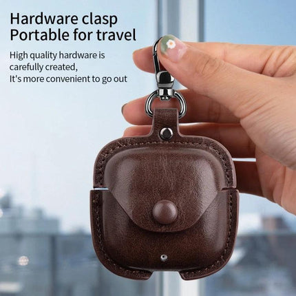 Protective Leather Case for Everyday Earphone Storage with brown PU leather, hardware clasp and keyring for travel