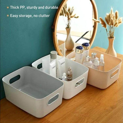 Desktop Snack Storage Basket, Three Sizes For Kitchen And Desk - three PP storage baskets holding cosmetics and snacks on a wooden vanity