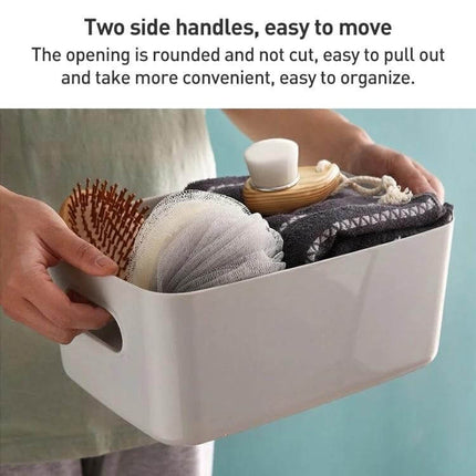 Desktop Snack Storage Basket, Three Sizes For Kitchen And Desk - white polypropylene basket with side handles holding towels, brush and bath accessories