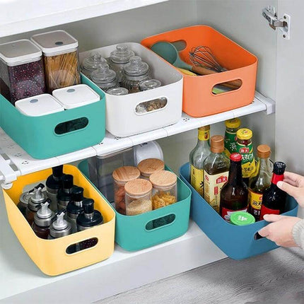 Desktop Snack Storage Basket, Three Sizes For Kitchen And Desk - colorful PP organizers holding snacks spices and bottles on cabinet shelves