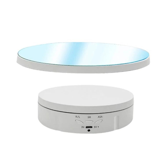 22cm Electric Rotating Display Stand with Remote Control showing white rotating base and mirrored top, adjustable speed and remote operation