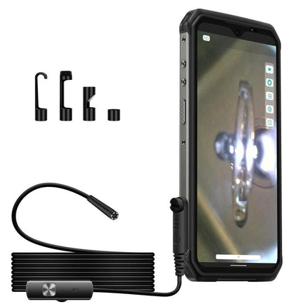 Ulefone Endoscope E1 for Power Armor Device Inspections showing endoscope probe, cable, accessories and live inspection on Power Armor screen
