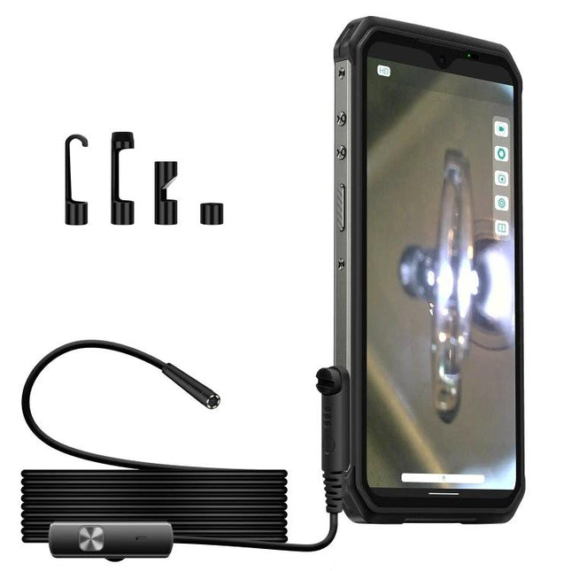 Ulefone Endoscope E1 for Power Armor Device Inspections showing endoscope probe, cable, accessories and live inspection on Power Armor screen