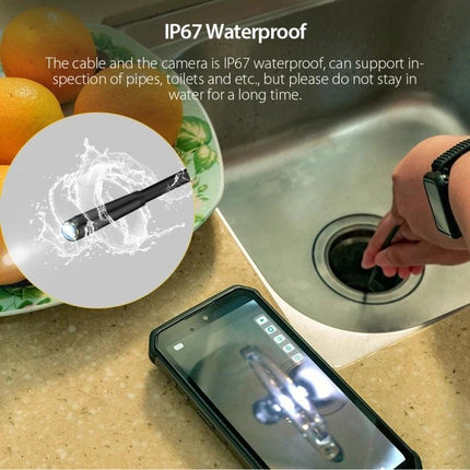 Ulefone Endoscope E1 for Power Armor Device Inspections showing waterproof IP67 camera inspecting a sink drain with uSmart-connected phone