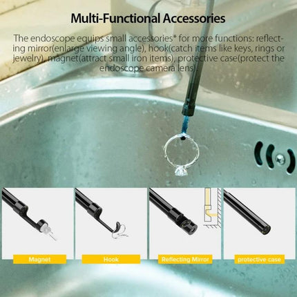 Ulefone Endoscope E1 for Power Armor Device Inspections showing 5.5mm lens with magnet, hook, reflecting mirror and protective case accessories