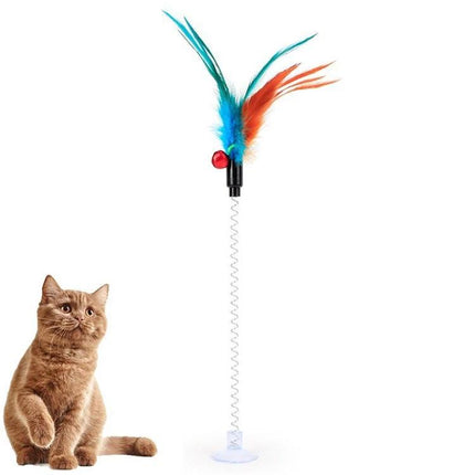 Feather Stick Toy for Cats to Enjoy Home Playtime - suction-cup spring feather teaser with bell for indoor cat exercise
