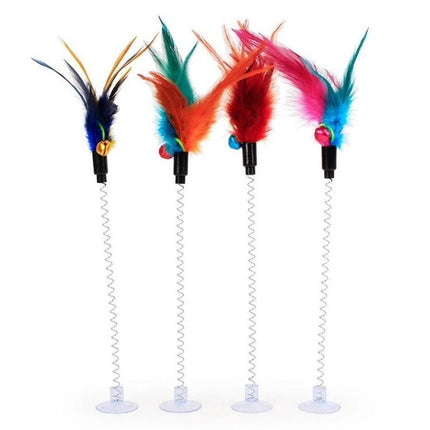 Feather Stick Toy for Cats to Enjoy Home Playtime - colorful feather spring toys with suction cups for indoor cat play