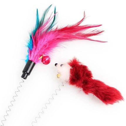 Feather Stick Toy for Cats to Enjoy Home Playtime — colorful feather and plush mouse on spring with suction cup for indoor play