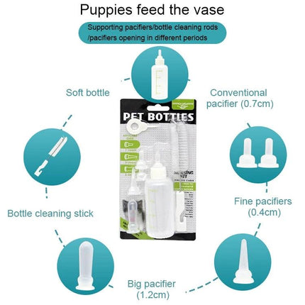 Daily Feeding Bottle Set for Kittens and Puppies with Essentials - bottle set with soft bottle, pacifiers (0.4cm, 0.7cm, 1.2cm) and cleaning stick