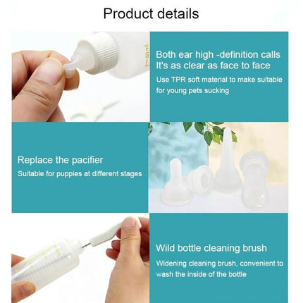 Daily Feeding Bottle Set for Kittens and Puppies with Essentials showing pacifiers, cleaning brush and measurement markings for precise bottle feeding