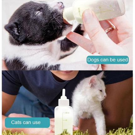 Daily Feeding Bottle Set for Kittens and Puppies with Essentials, hands bottle-feeding a puppy and kitten with measurement markings