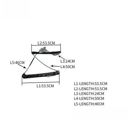 Car Front Left Door Glass Lifter Regulator For BMW 3 Series diagram with L1-L5 dimensions (L1 53.5cm, L2 53.5cm, L3 24cm, L4 50cm, L5 46cm)